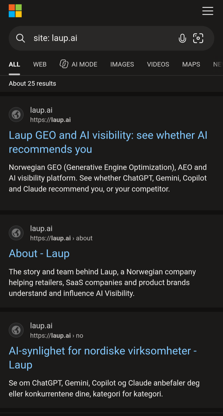 Bing results for site:laup.ai. The first result is titled “Laup GEO and AI visibility: see whether AI recommends you”. The About page is titled “About - Laup”.