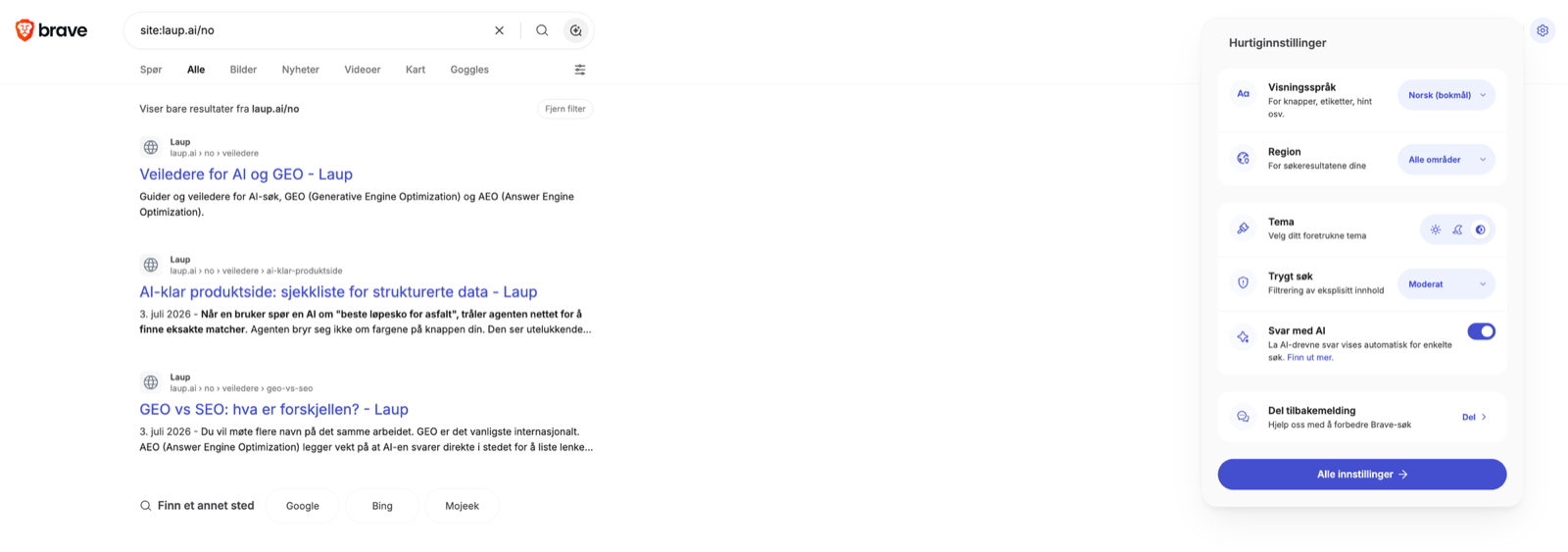 The same search with Norwegian as the display language and the region set to All regions: only three guide pages are listed.