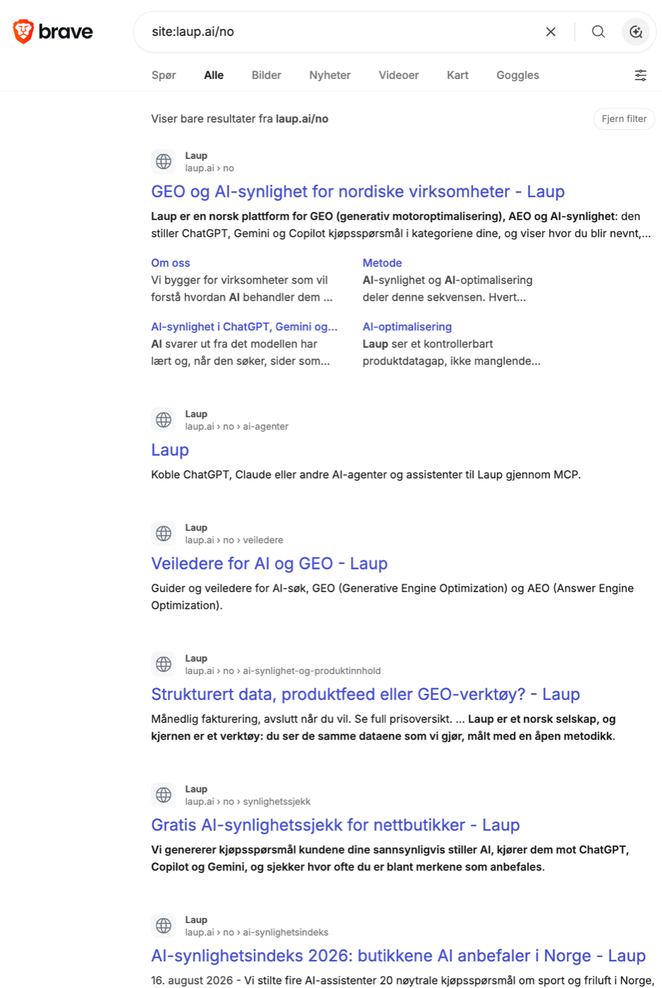 Brave results for site:laup.ai/no with the region set to Norway: laup.ai/no, /no/ai-agenter, /no/veiledere, /no/ai-synlighet-og-produktinnhold, /no/synlighetssjekk and more.