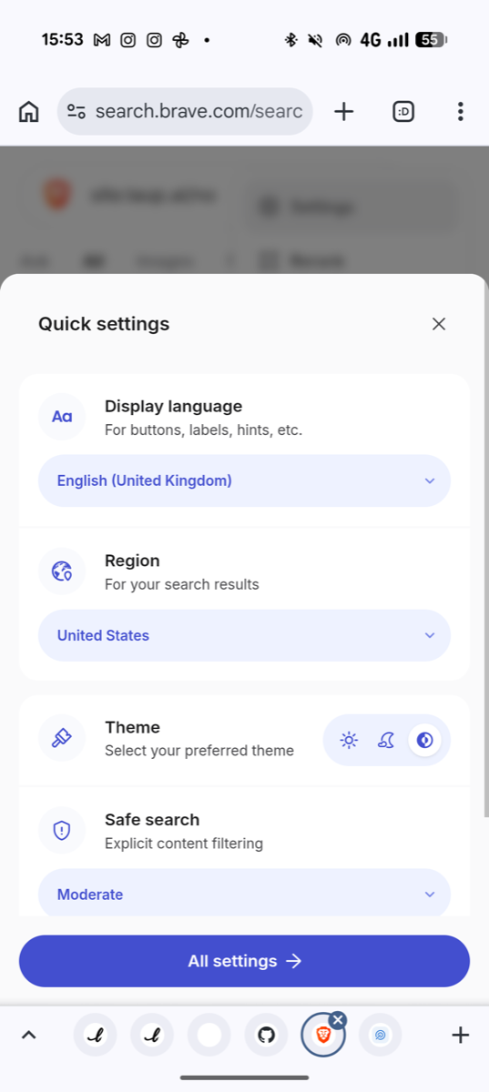 Brave quick settings on a phone: display language English (United Kingdom), region United States.