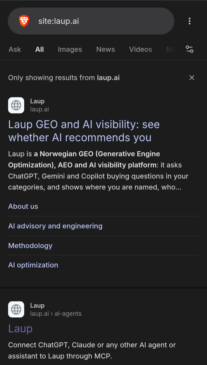 Brave Search results for site:laup.ai the morning after the fix. The homepage is titled “Laup GEO and AI visibility: see whether AI recommends you”. The AI agents page below it is still titled just “Laup”.