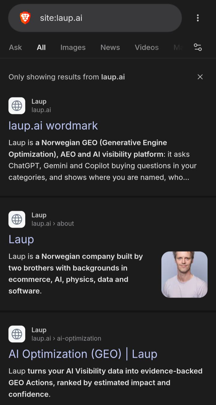 Brave Search results for site:laup.ai. The first result, laup.ai, is titled “laup.ai wordmark”. The About page below it is titled just “Laup”.