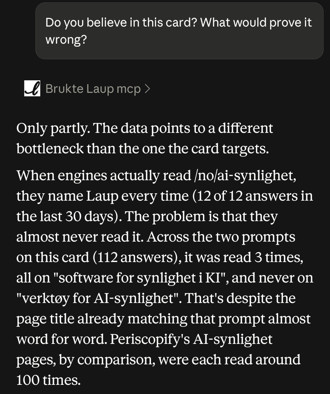 Claude answering only partly: when engines read /no/ai-synlighet they name Laup 12 of 12 times, but across 112 answers they read it only 3 times.