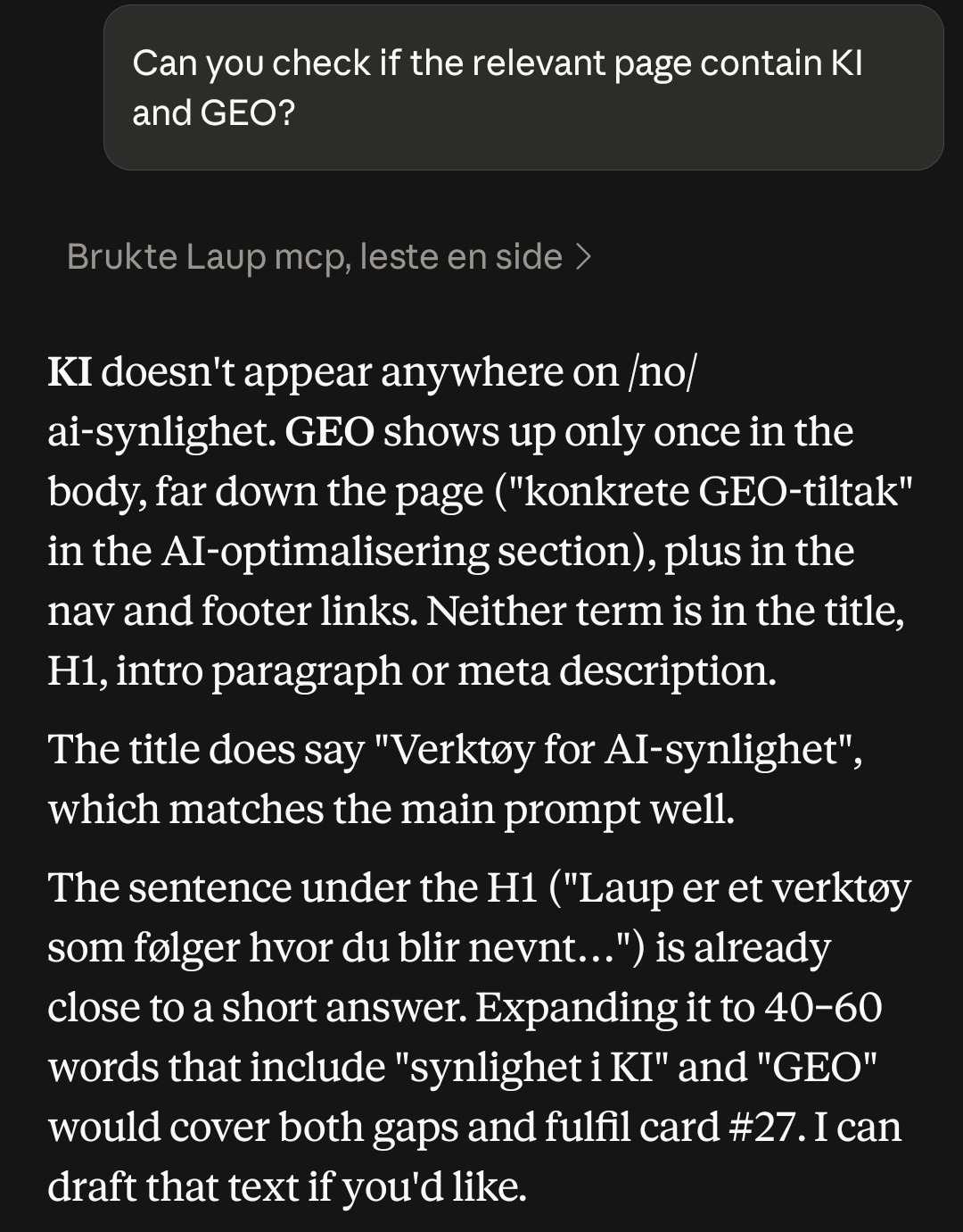 Claude reporting that KI does not appear anywhere on /no/ai-synlighet and GEO only once, far down the page.