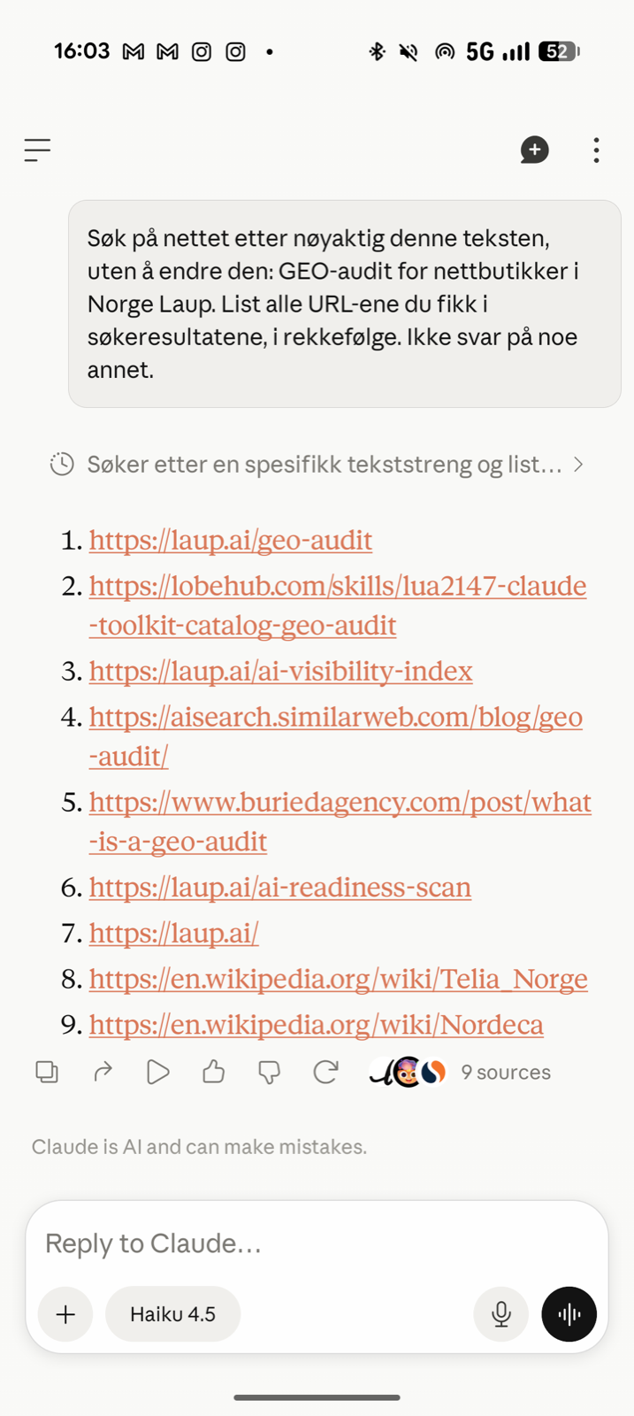 The Claude phone app, asked in Norwegian to search for “GEO-audit for nettbutikker i Norge Laup”, lists laup.ai/geo-audit first and no Norwegian laup.ai page.