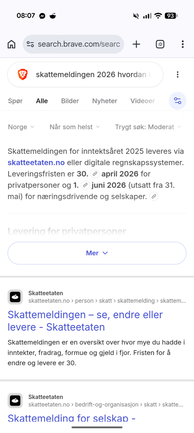 Brave with the region set to Norway, same search: Skatteetaten’s Norwegian pages at the top.