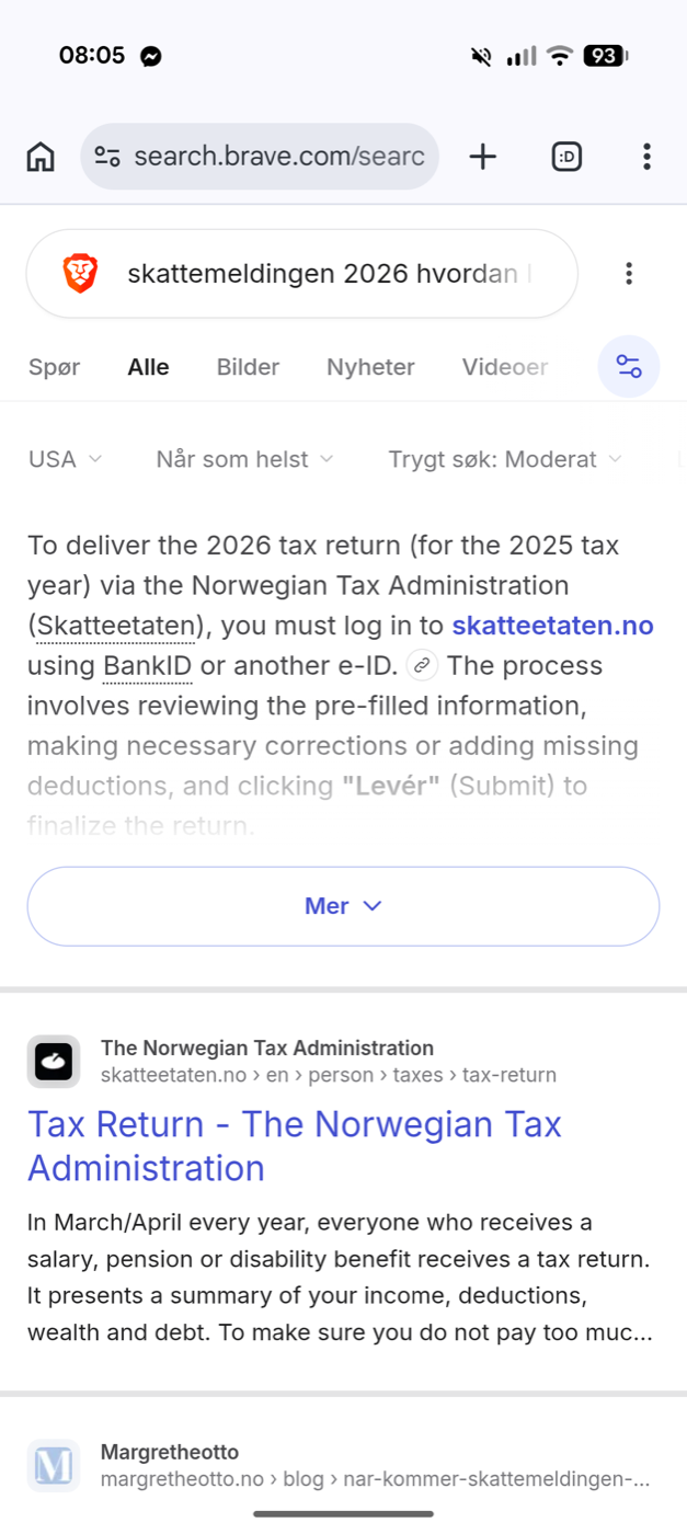 Brave with the region set to USA, same search: Skatteetaten only as the English “Tax Return” page.