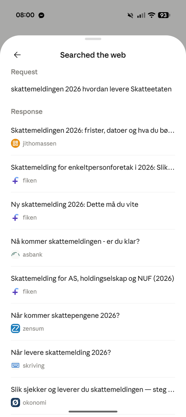 Claude’s web search for “skattemeldingen 2026 hvordan levere Skatteetaten”: results from jithomassen, fiken, asbank, zensum, skriving and okonomi, and no Skatteetaten guide.