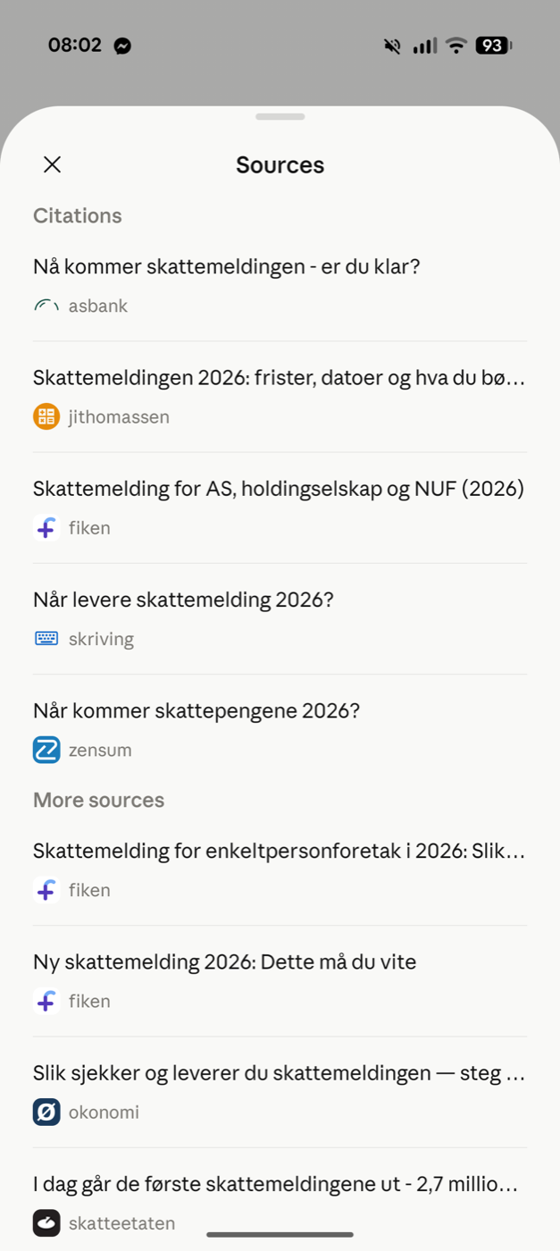 Claude’s source list: citations from asbank, jithomassen, fiken, skriving and zensum; under More sources, fiken, okonomi and one Skatteetaten news article.