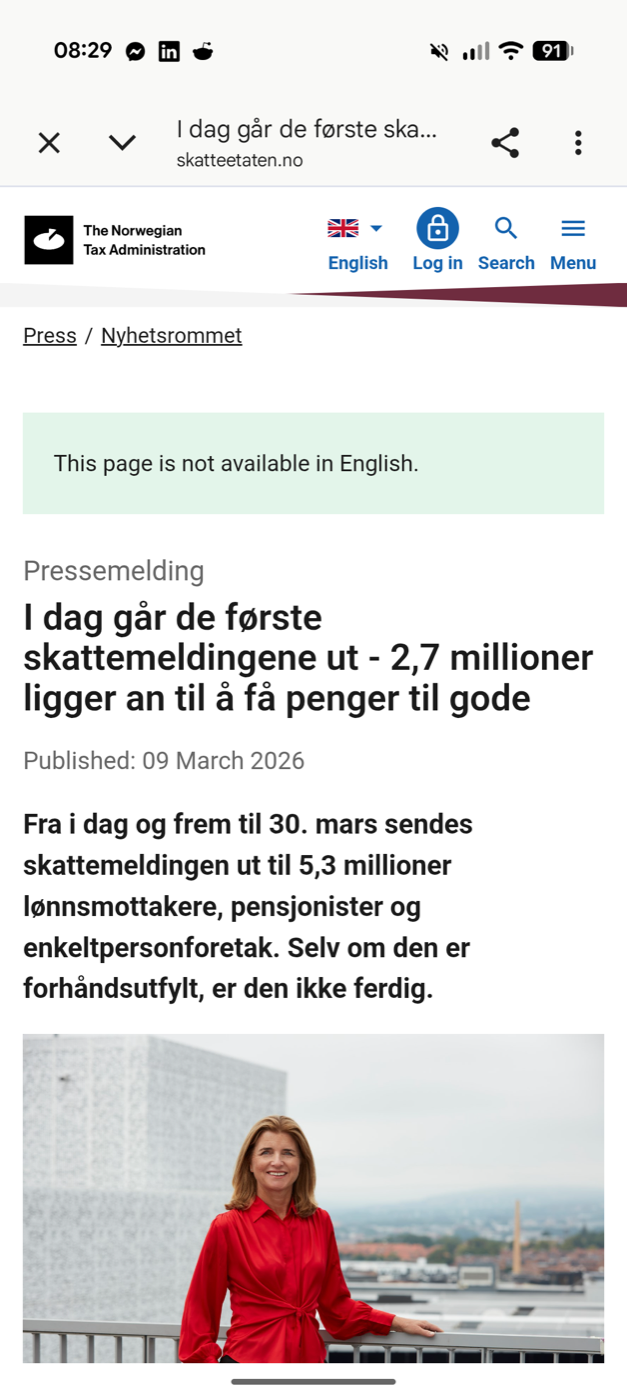 Skatteetaten's news article “I dag går de første skattemeldingene ut”, with the notice “This page is not available in English.”