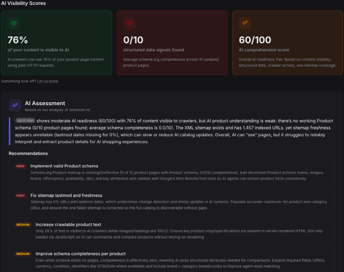 AI visibility scores and AI assessment with recommendations
